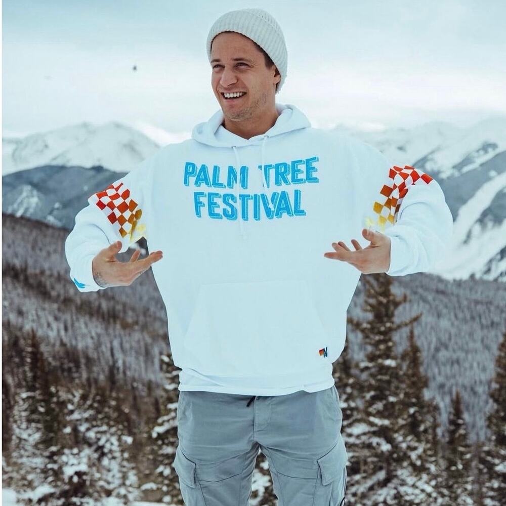 Aviator Nation Palm Tree Festival Aspen Collab Hoodie White Unisex Mens Small